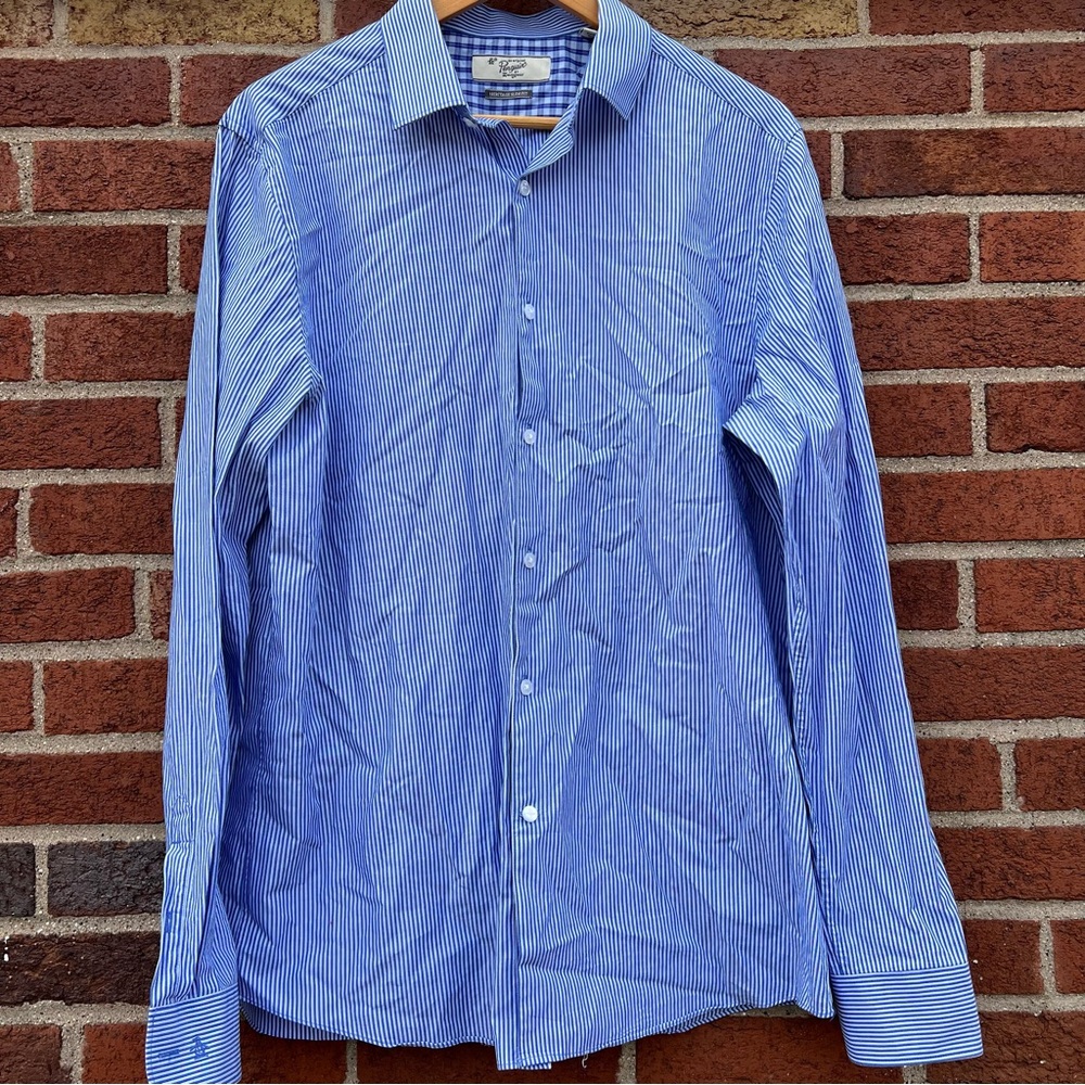 Original Penguin Mens Heritage Slim Fit Button Down Shirt Blue Striped Size 16.5
